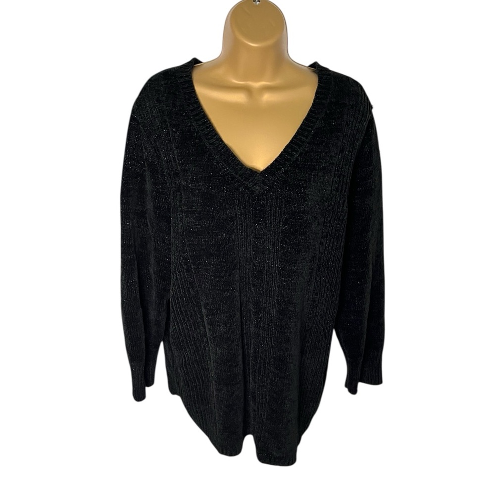 Vintage Y2K White Stag Metallic Knit V-Neck Sweater Ribbed Black 22W/24W
